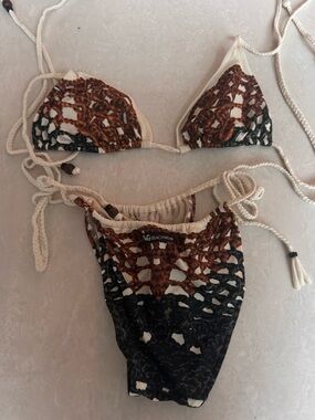 Dolce & Gabbana Beach Swim Crochet-Style Two-Piece Bikini in Brown & Black